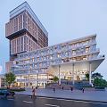Modern Office Building Featuring Glass Facade Geometric Design With Trees Pedestrians And Street