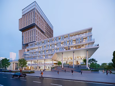 Modern Office Building Featuring Glass Facade Geometric Design With Trees Pedestrians And Street 3d model