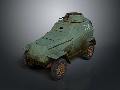 Vintage Green Armored Military Vehicle With Number 718 And Weathered Exterior 3d model