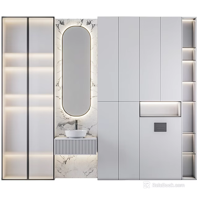 Elegant Modern Bathroom Washbasin Interior With Marble Mirror Cabinets And Soft Lighting 3d model 