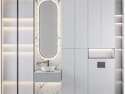 Elegant Modern Bathroom Washbasin Interior With Marble Mirror Cabinets And Soft Lighting 3d model