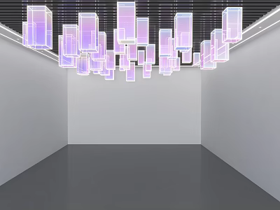 Modern Ceiling Design With Square Purple And White Pendant Lights In Empty Room 3d model