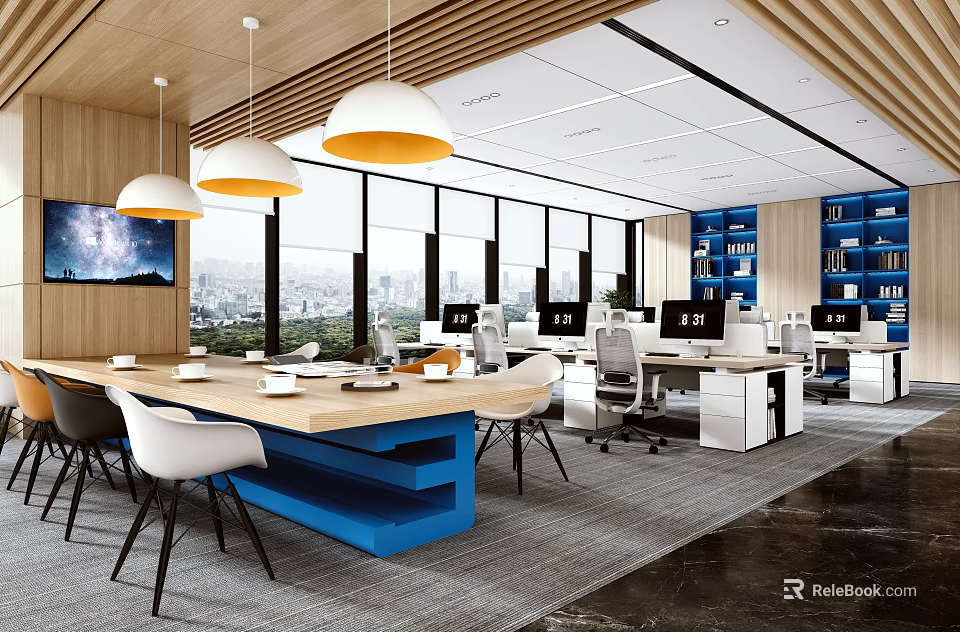 Modern Public Office Space Interior Design With Workstations Chairs And Bookshelves 3d model 