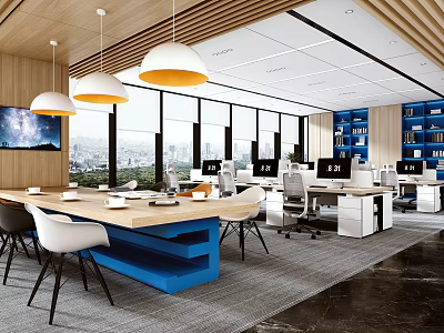 Modern Public Office Space Interior Design With Workstations Chairs And Bookshelves 3d model