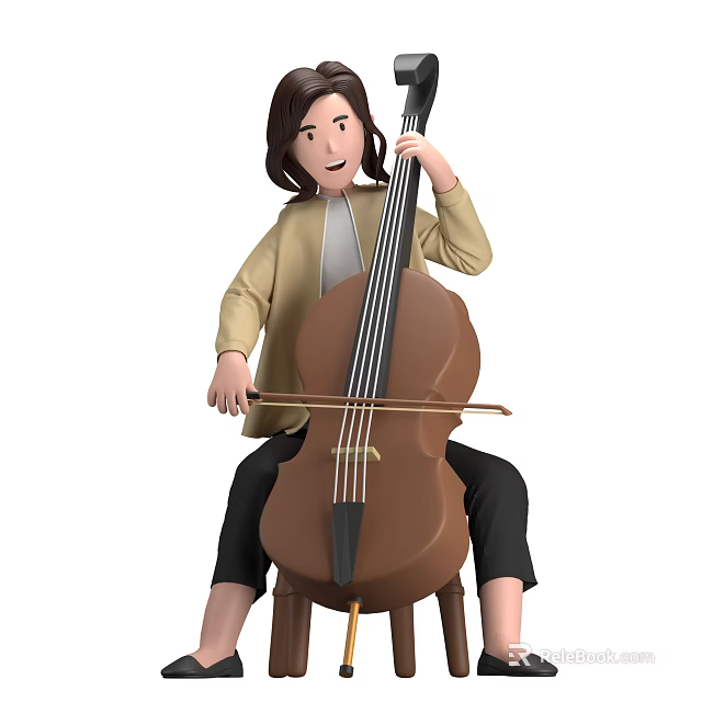 A Woman Playing Brown Cello While Sitting On Chair With Bow 3d model 