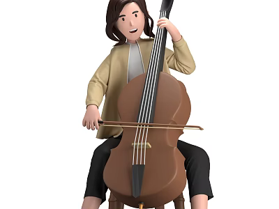 A Woman Playing Brown Cello While Sitting On Chair With Bow 3d model