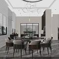 Modern Dining and Living Room Interior With Round Chandelier Marble Floor And Chairs