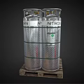 Silver Nitrogen Gas Cylinders Stored On Wooden Pallet With Safety Labels And Caps
