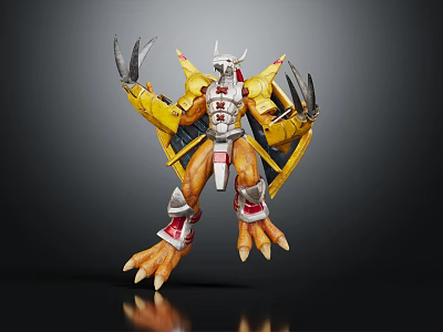 Detailed 3D Mechanical Dragon Creature Character With Yellow Wings Red Silver Armor And Large Claws 3d model