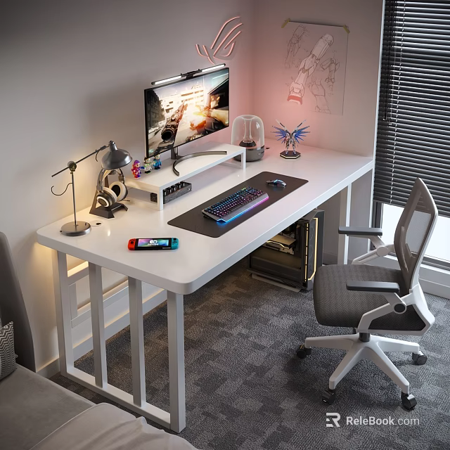 White Computer Desk Setup With Monitor Keyboard Mouse Lamp And Ergonomic Chair 3d model 