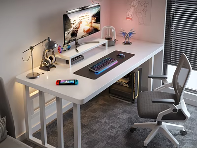 White Computer Desk Setup With Monitor Keyboard Mouse Lamp And Ergonomic Chair 3d model