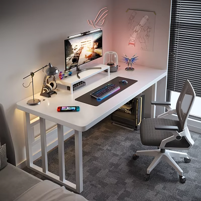 White Computer Desk Setup With Monitor Keyboard Mouse Lamp And Ergonomic Chair 3d model