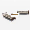 Two Single Beds with Wooden Railed Frame and Patterned Mattress Design 3d model