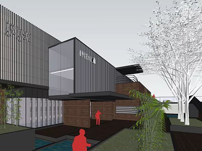 Modern Sales Office Building Exterior With Glass Curtain Wall Metal Panels And Landscaping Greenery 3d model