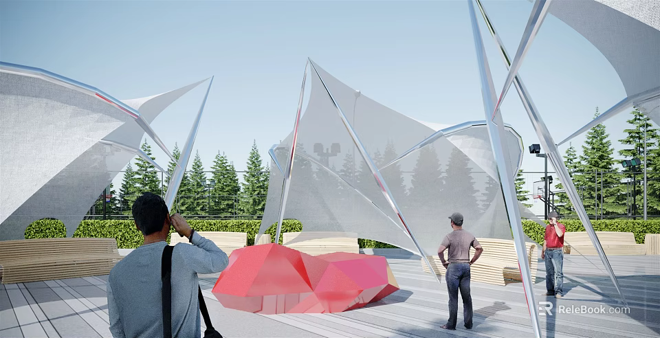 Modern Outdoor Tensile Membrane Structure With Geometric Design And Green Trees 3d model 