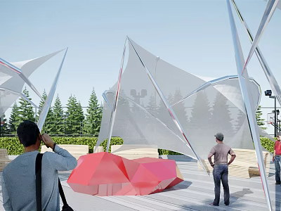 Modern Outdoor Tensile Membrane Structure With Geometric Design And Green Trees 3d model