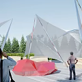 Modern Outdoor Tensile Membrane Structure With Geometric Design And Green Trees