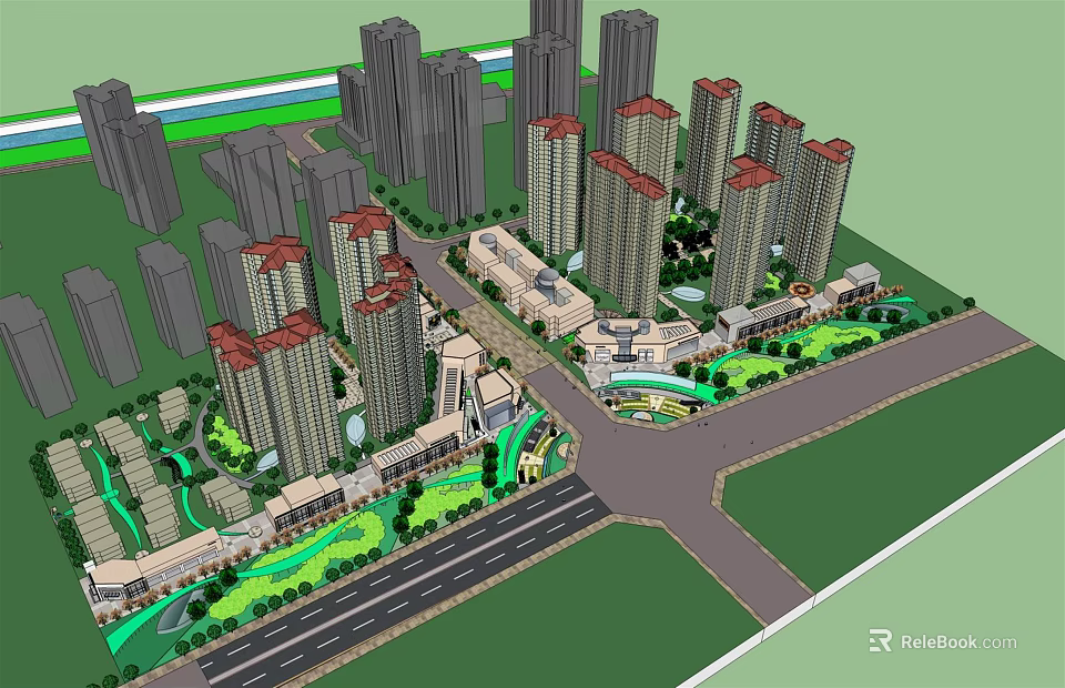Modern Urban High Rise Buildings With Green Spaces And Road Networks 3d model 