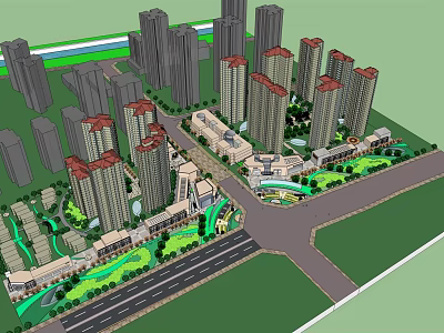 Modern Urban High Rise Buildings With Green Spaces And Road Networks 3d model
