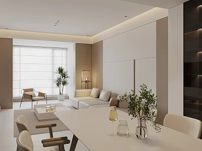 Modern Living Dining Room Interior Design With Sofa Dining Table Chairs And Plants 3d model