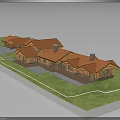 Log Building With Orange Roofs Connected Structure Green Grass And Gray Ground Area