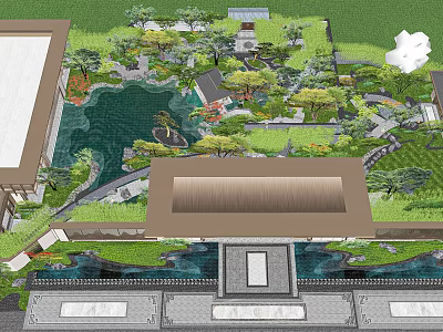 Traditional Garden Landscape Design With Pond Pavilion Green Plants And Paths 3d model