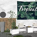 White Folding Chairs And Small Table Set In Tropical Tapestry Bamboo Plants Pebble Floor