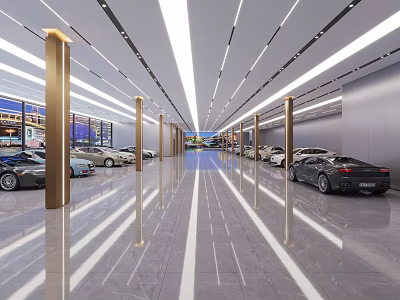 Modern Parking Garage With Luxury Cars Gold Pillars And Bright Lighting 3d model