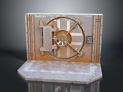 Rusty Metal Vault Door With Round Lock Dial Bolted Frame And Hexagonal Base Arrow Markings 3d model