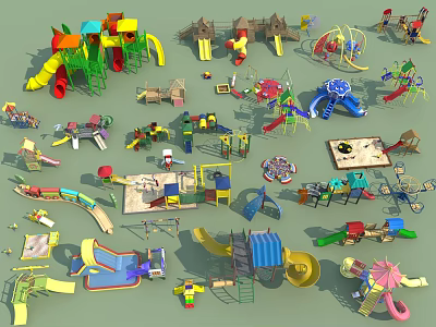 Diverse Children's Playground Equipment Including Slides Swings Climbing Structures And Sandpits 3d model