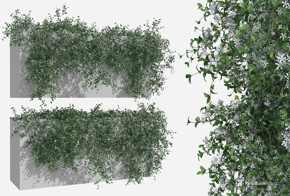 Lush Green Vines With White Flowers Growing On Decorative Wall Structure 3d model 