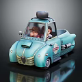 Vintage Light Blue Car With Spare Tire On Roof Two Figures Inside And Chicken Logo