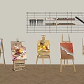 Art Studio Scene With Wooden Easels Holding Paintings And Wall Mounted Musical Instruments Art Supplies