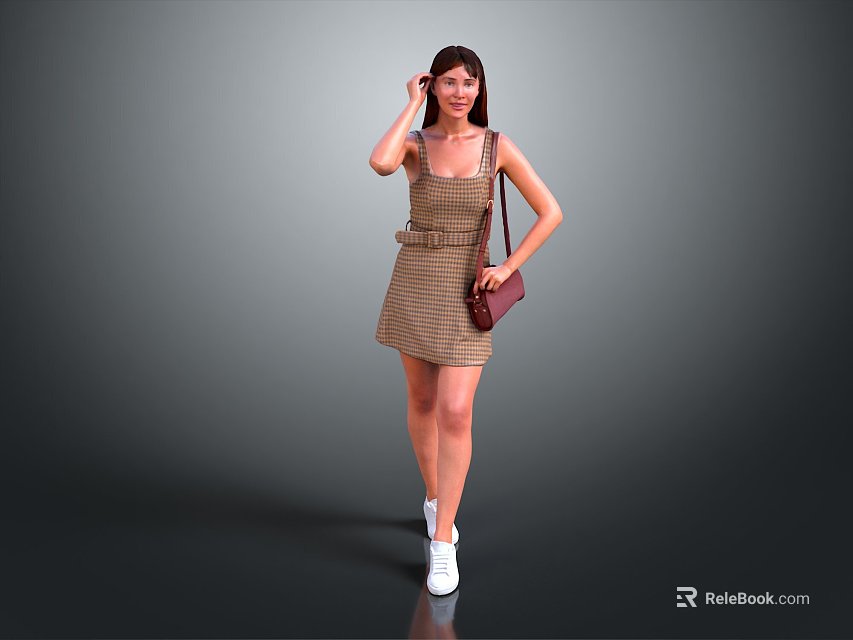 Woman In Plaid Dress With Brown Purse And White Sneakers Standing Against Gray Background 3d model 