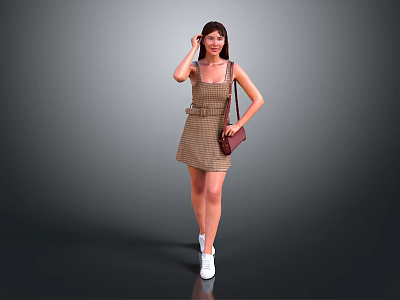 Woman In Plaid Dress With Brown Purse And White Sneakers Standing Against Gray Background 3d model