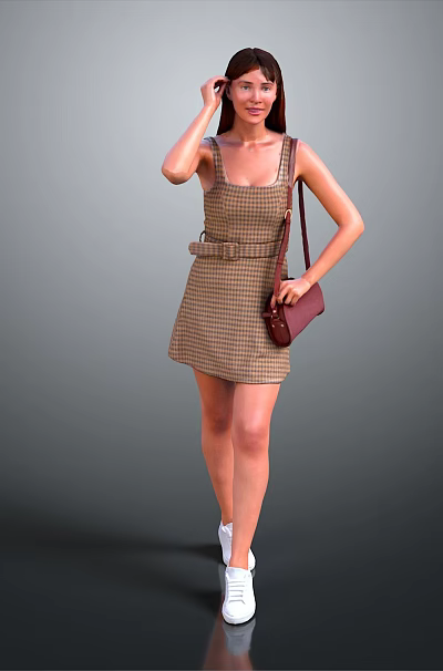 Woman In Plaid Dress With Brown Purse And White Sneakers Standing Against Gray Background 3d model
