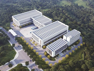 Large Modern Industrial Factory Buildings With Green Surroundings And Aerial View 3d model