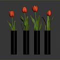 Four Red Tulips In Black Vases For Home Decor And Living Room Decoration