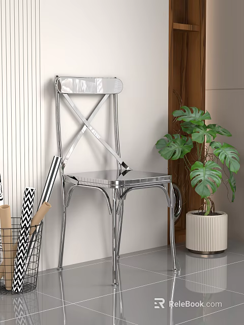 Silver Metal Leisure Chair With Cross Back Design And Green Plant In Beige Planter 3d model 