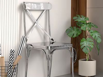 Silver Metal Leisure Chair With Cross Back Design And Green Plant In Beige Planter 3d model