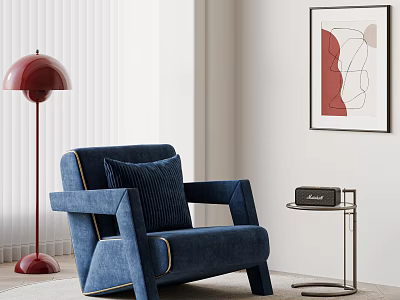 Stylish Blue Armchair with Red Floor Lamp Side Table and Wall Art by White Blinds 3d model