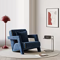 Stylish Blue Armchair with Red Floor Lamp Side Table and Wall Art by White Blinds
