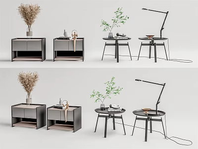 Stylish Modern Bedside Tables With Decorative Plants And Table Lamp 3d model