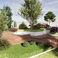 Scenic Park Landscape With Wooden Decks Trees Grass Stone Pathways And Flower Beds
