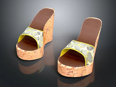 Stylish Yellow And Gray Wedge Sandals With Floral Pattern Cork Sole 3d model