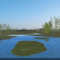 Beautiful Natural Waterside Landscape With Clear Blue Water Lush Reeds Green Grass Under Bright Sky