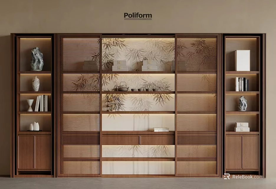 Modern Wooden Bookcase With Open Layered Shelves Books And Decorative Items 3d model 