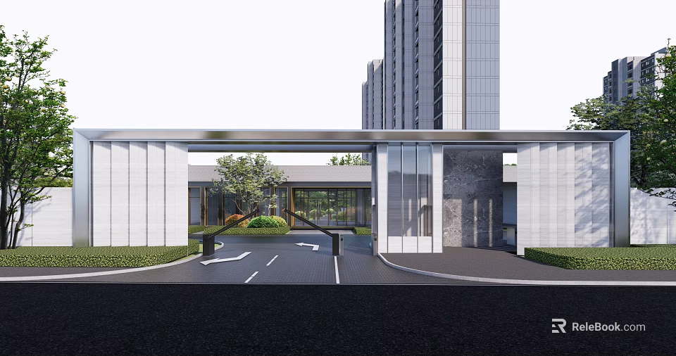 Modern Entrance Gate Design With High Rise Buildings And Driveway Green Plants 3d model 