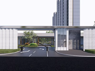 Modern Entrance Gate Design With High Rise Buildings And Driveway Green Plants 3d model