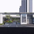 Modern Entrance Gate Design With High Rise Buildings And Driveway Green Plants